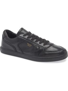 Prada Black Leather Low-Top Sneaker with Gold Logo